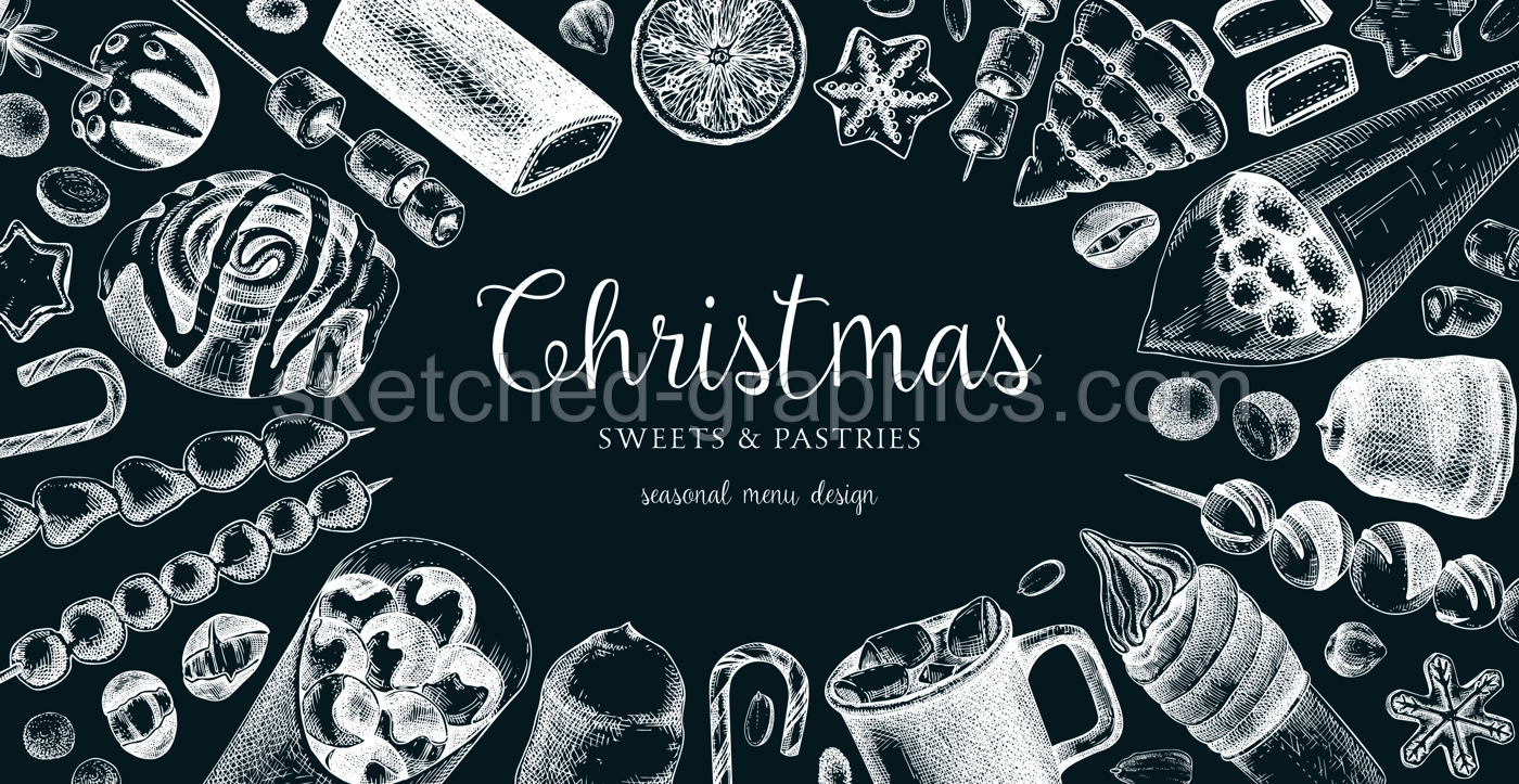 Christmas food background. Christmas market design template. Hand-drawn vector illustration. Hot drinks, candies, cookies, pastries sketches. Winter holiday menu. Sweet food frame on chalkboard Illustration